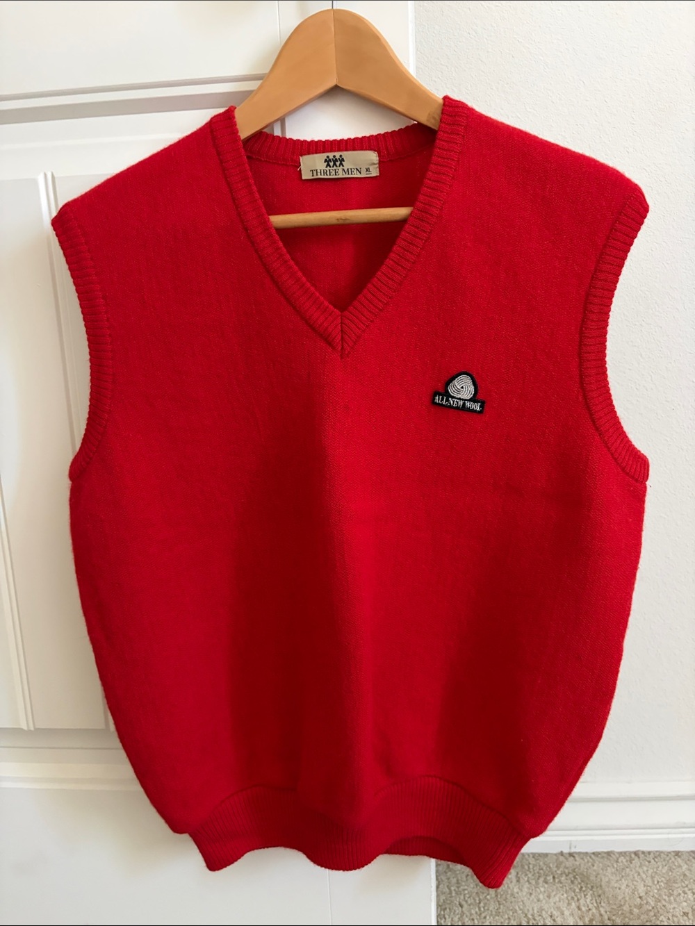 Three Men Red V-Neck Wool Sweater Vest Youth Size XL